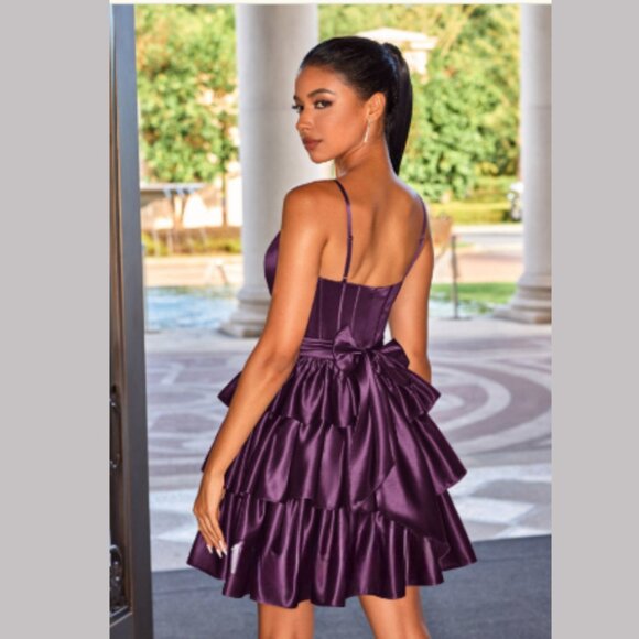 Purple A-line Scoop Neck Short/Mini Satin Homecoming Dress with Ruffles Bandage - Picture 2 of 3